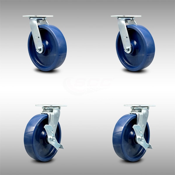 8 Inch Stainless Steel Solid Poly Swivel Caster Set with Ball Bearing 2 Brakes
